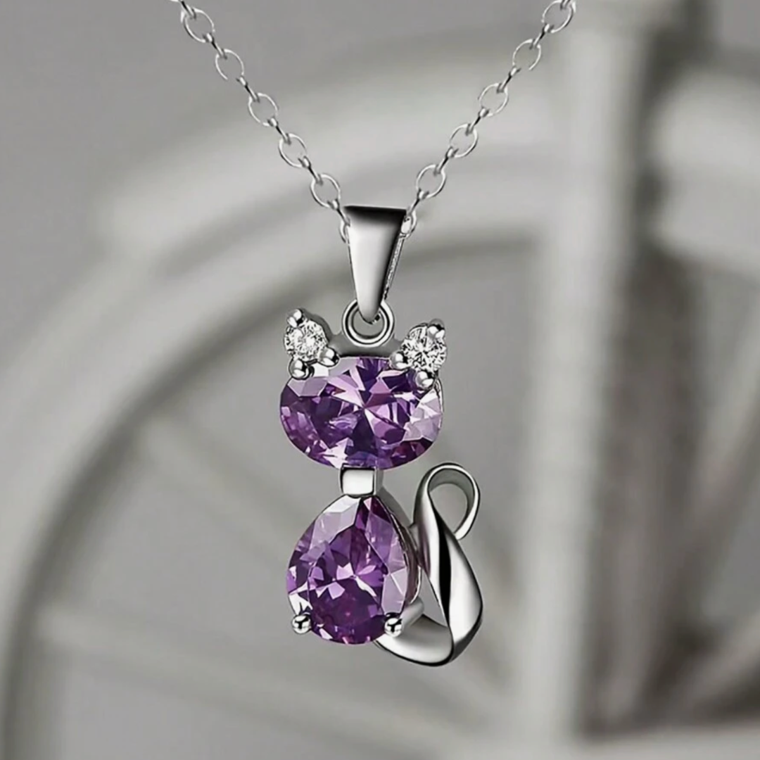 Purple Crystal Cat Pendant Necklace