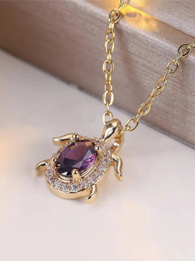 Purple Crystal Turtle Pendant Necklace