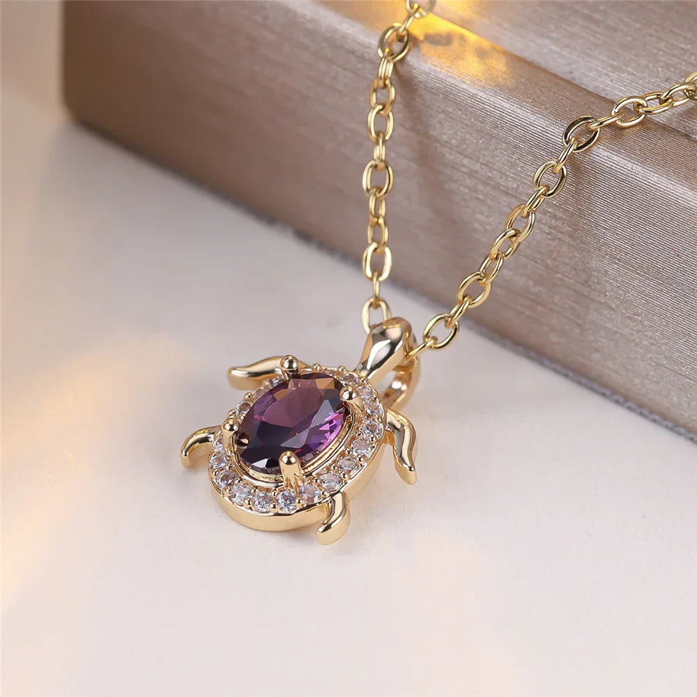 Purple Crystal Turtle Pendant Necklace
